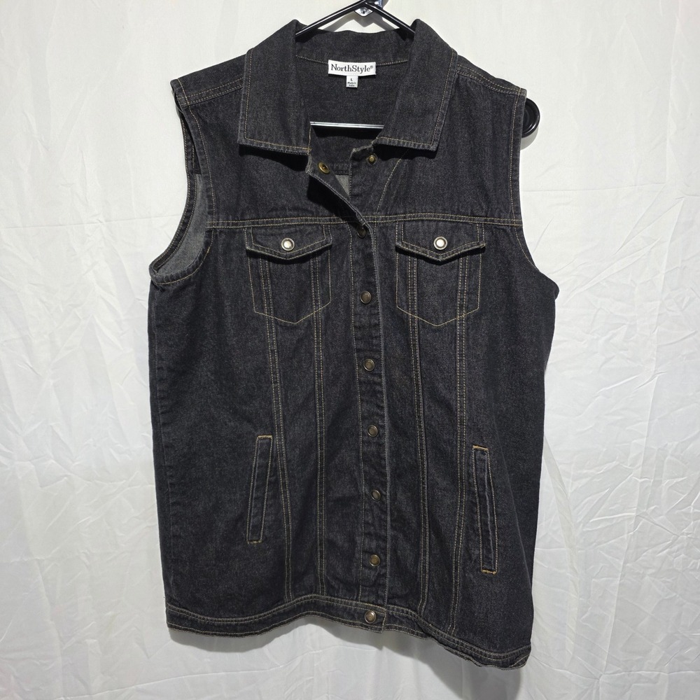 NorthStyle Womens Black Denim Vest Size L Cotton Button Front Sleeveless Jacket